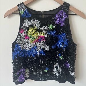 Milly 100% Silk Sequin Black Colorful Crop Tank Top 0